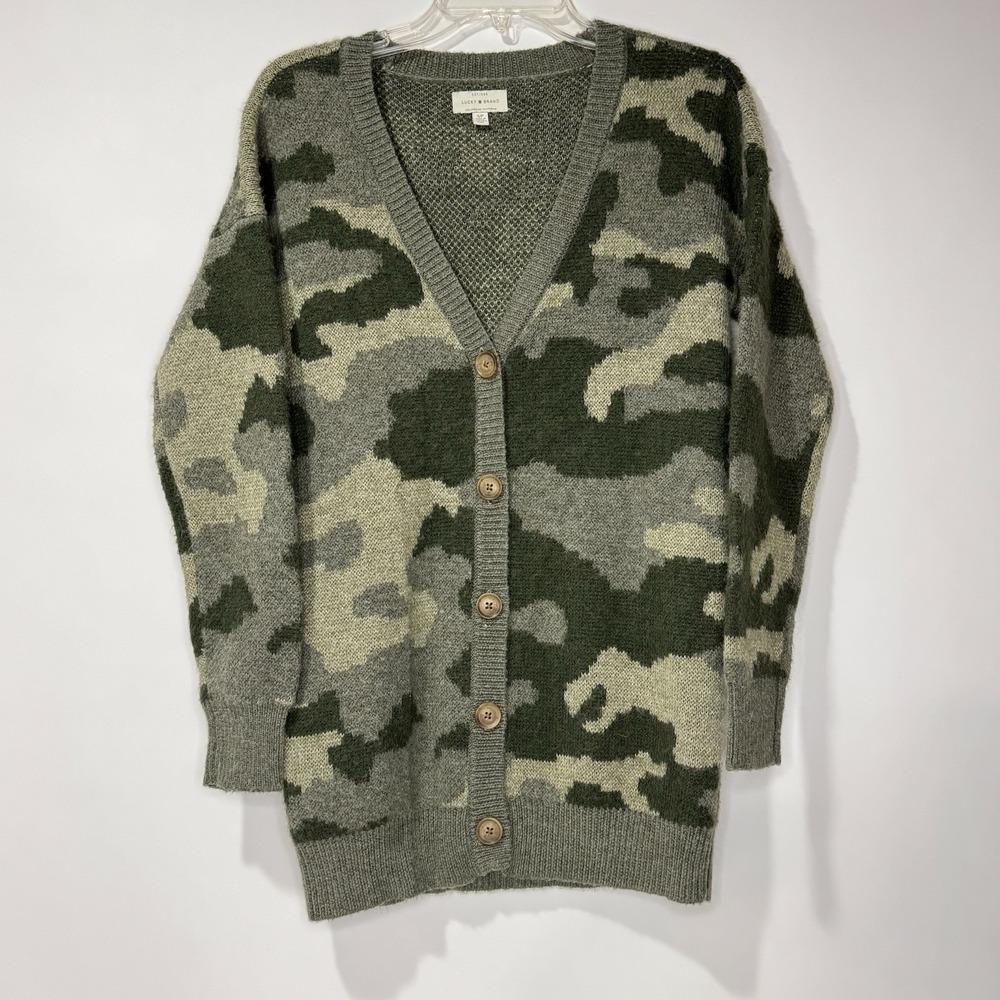 Lucky Brand Sweater Women's Sz S Green Camouflage Wool Blend Button Up Cardigan